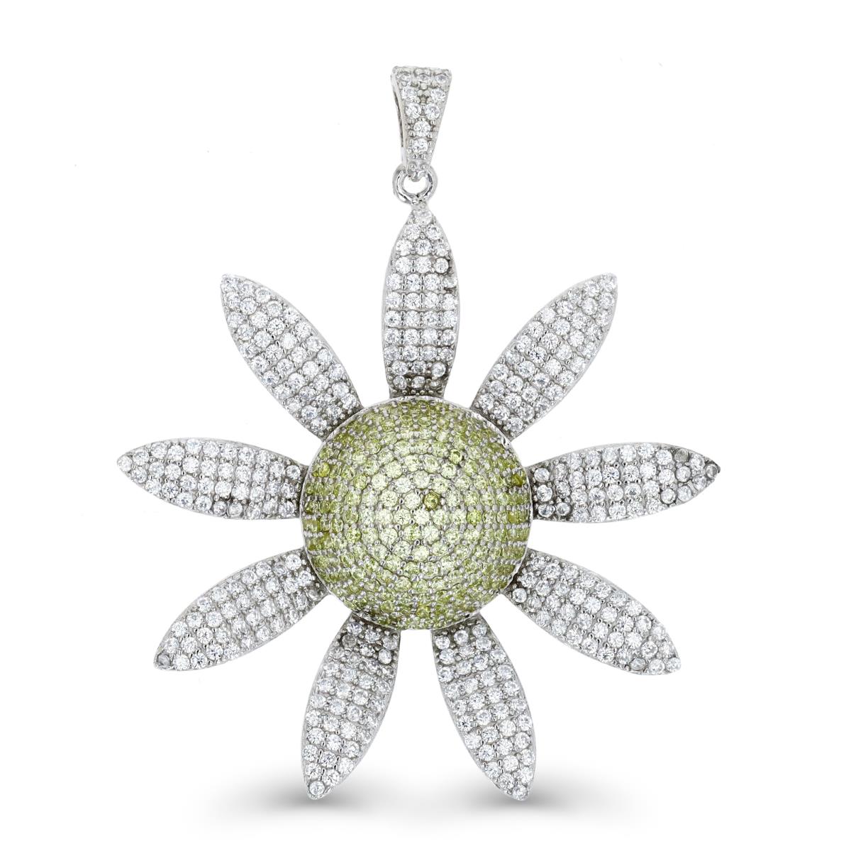 Sterling Silver Rhodium & White and Yellow CZ 40MM Flower Pendant