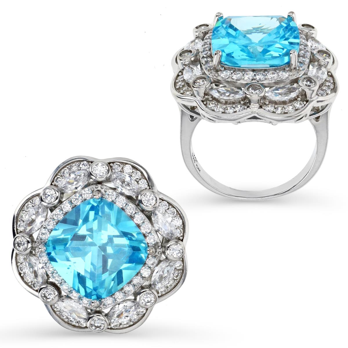 Sterling Silver Rhodium & Swiss Blue Topaz and White CZ Cocktail Ring