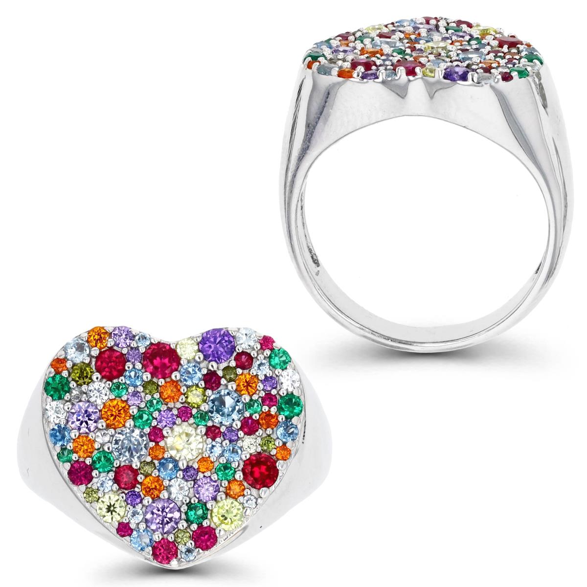 Sterling Silver Rhodium & Multi Color Rd Ct CZ Heart Pave Ring