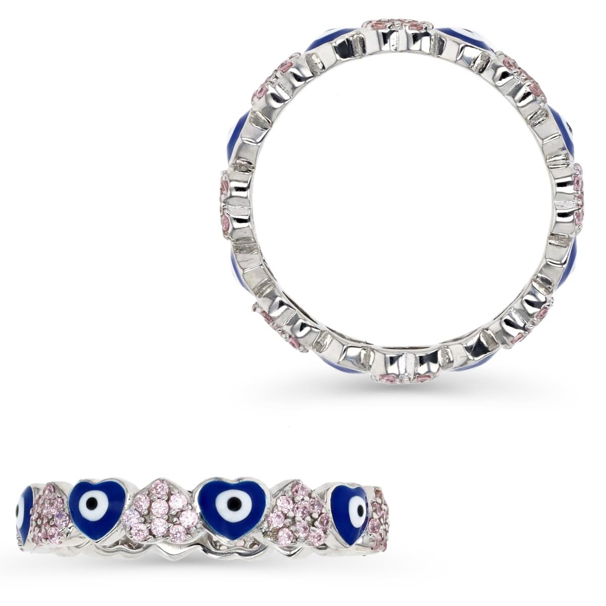 Sterling Silver Rhodium & Pink CZ and Blue Enamel Heart and Evil Eye Eternity Ring