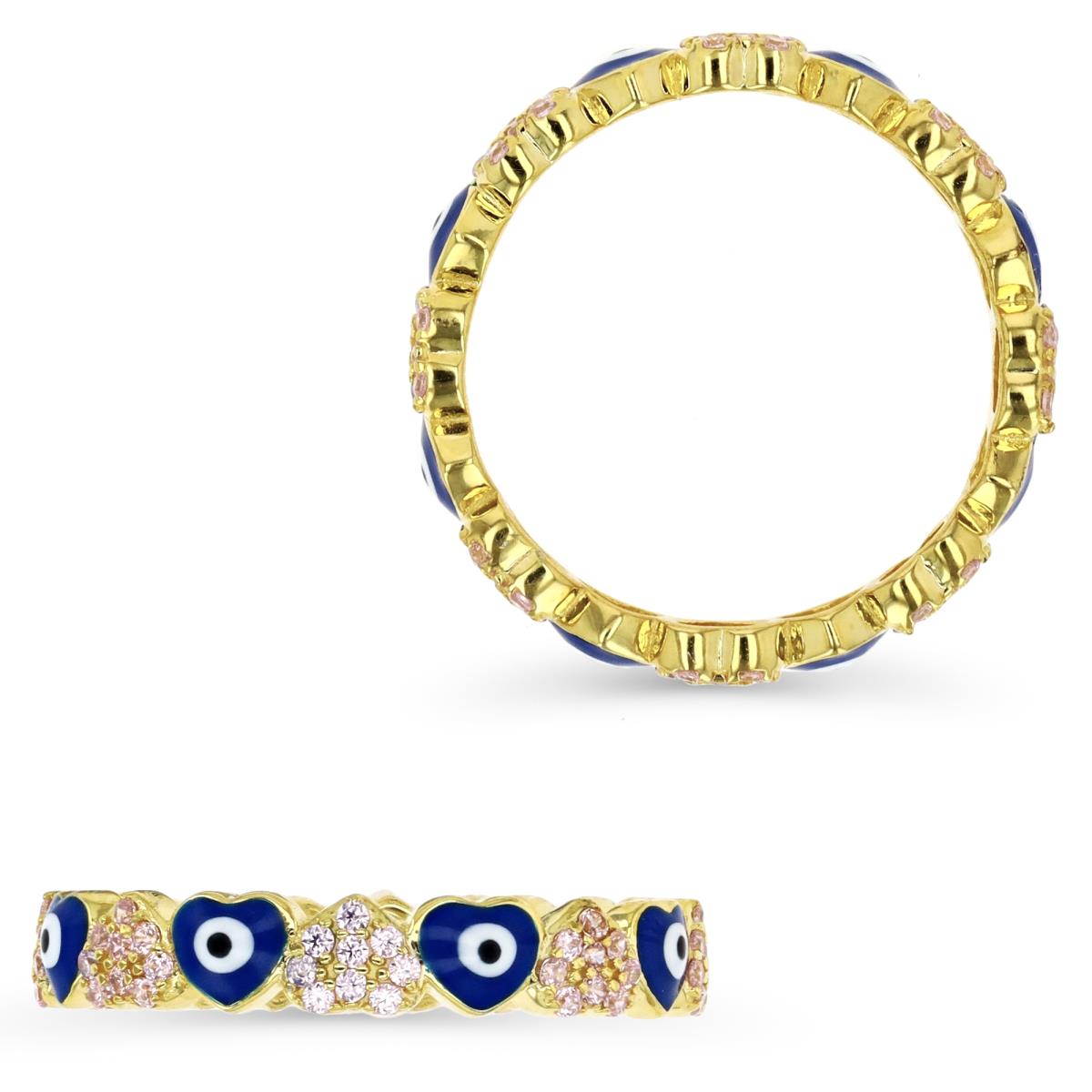 Sterling Silver Yellow & Pink CZ and Blue Enamel Heart and Evil Eye Eternity Ring
