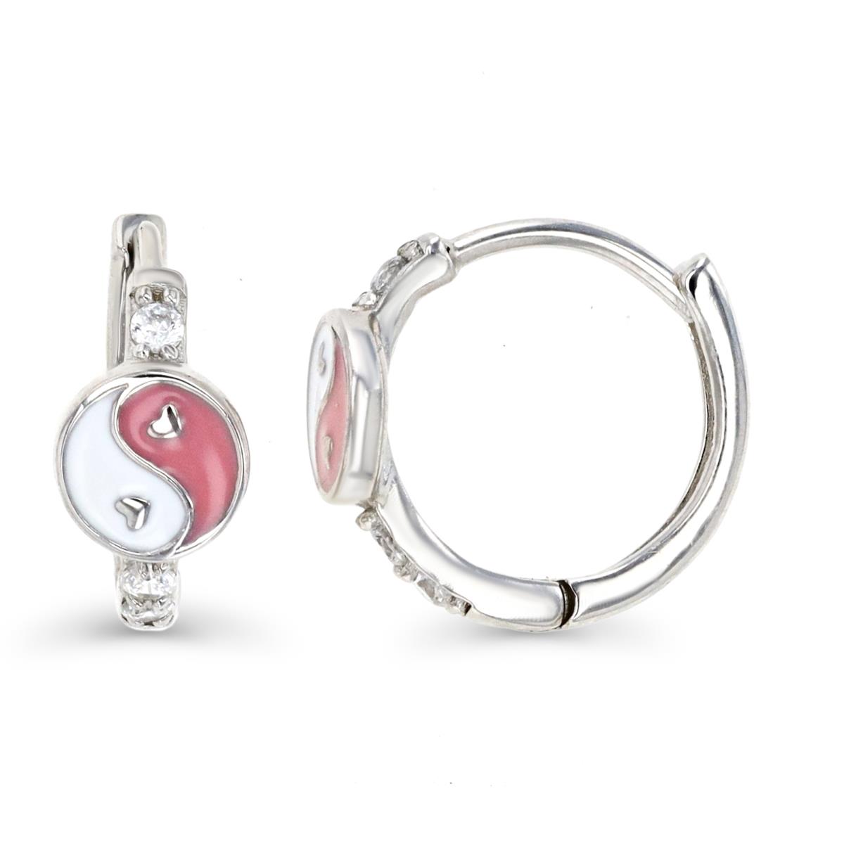 Sterling Silver Rhodium & White CZ and Pink and White Enamel YinYang Huggie Earring