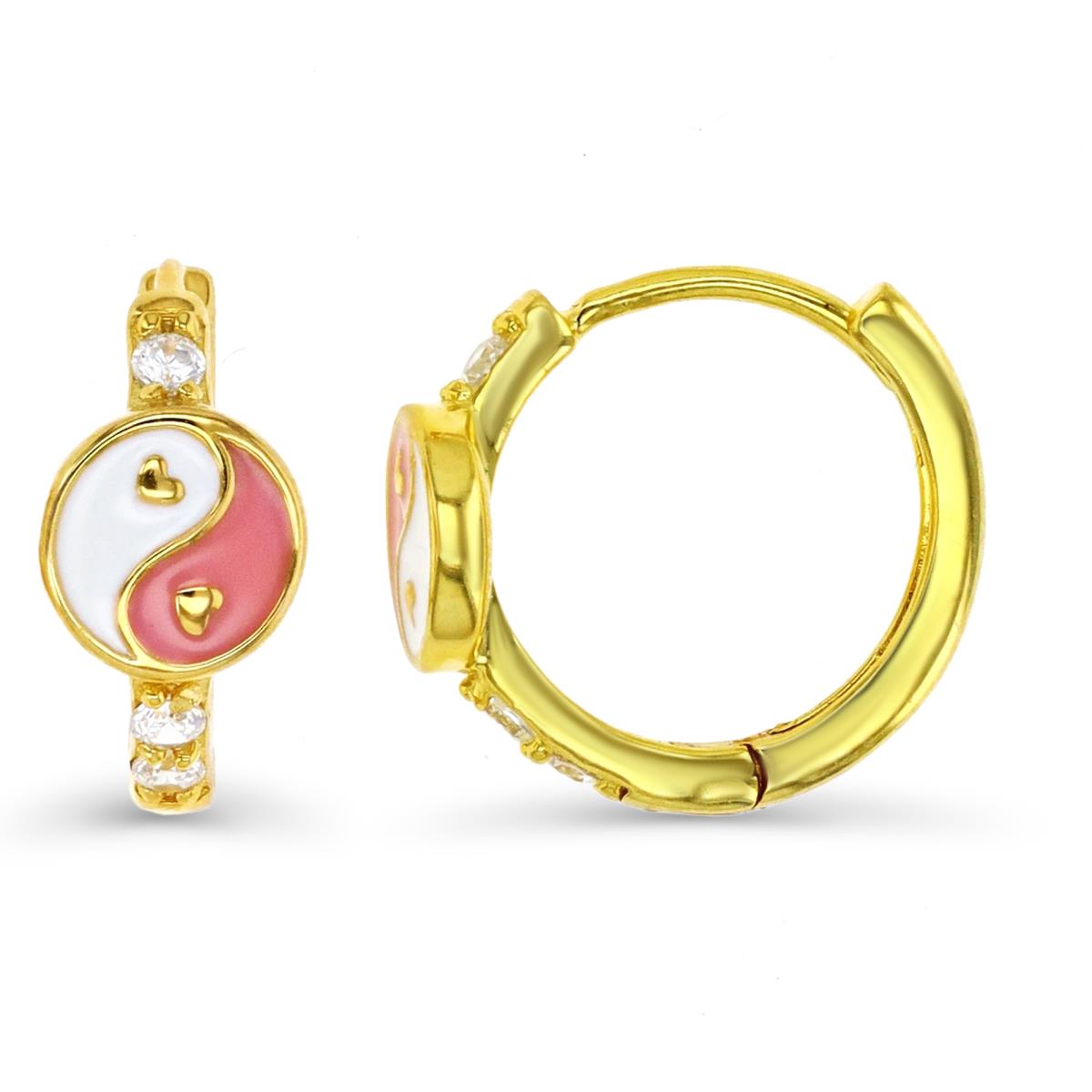 Sterling Silver Yellow 1M & White CZ and Pink and White Enamel YinYang Huggie Earring