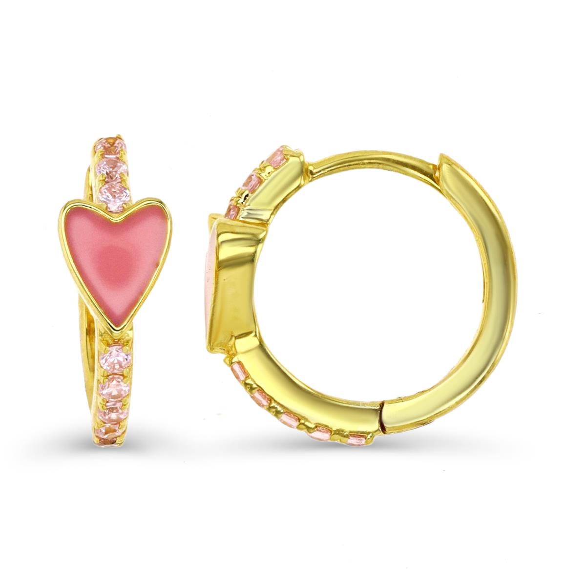 Sterling Silver Yellow 1M & Pink CZ and Red Enamel Heart Huggie Earring