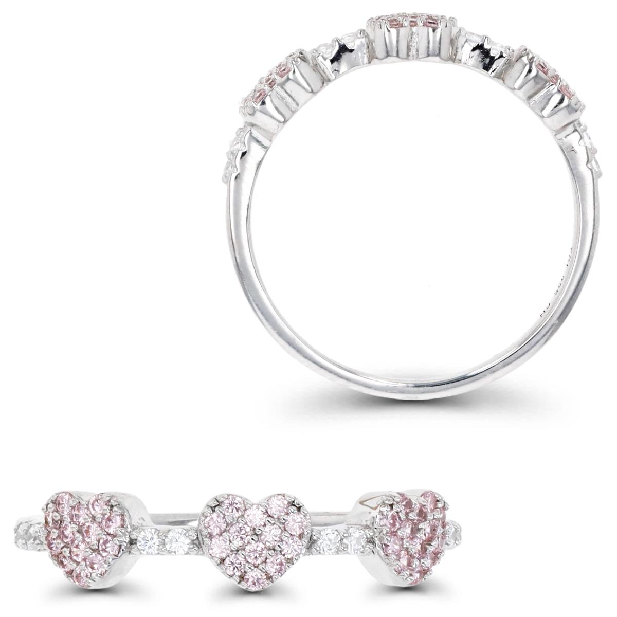 Sterling Silver Rhodium & Pink and White CZ 3 Hearts Ring