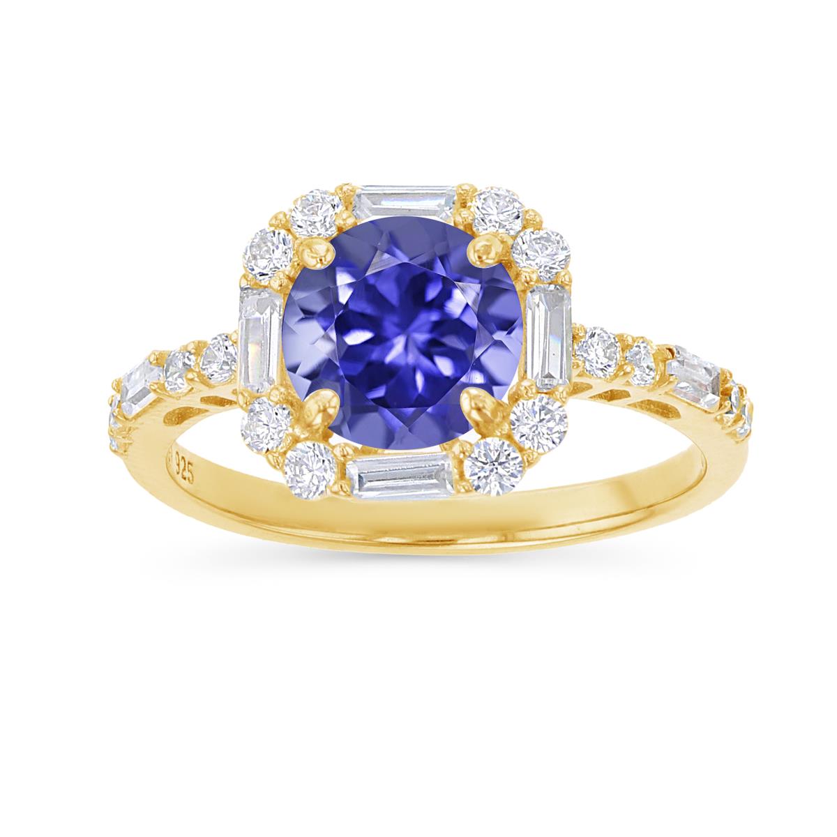 Sterling Silver Yellow 1M 8mm Tanzanite Round Cut with Rd & Bgt CZ Engagement Ring