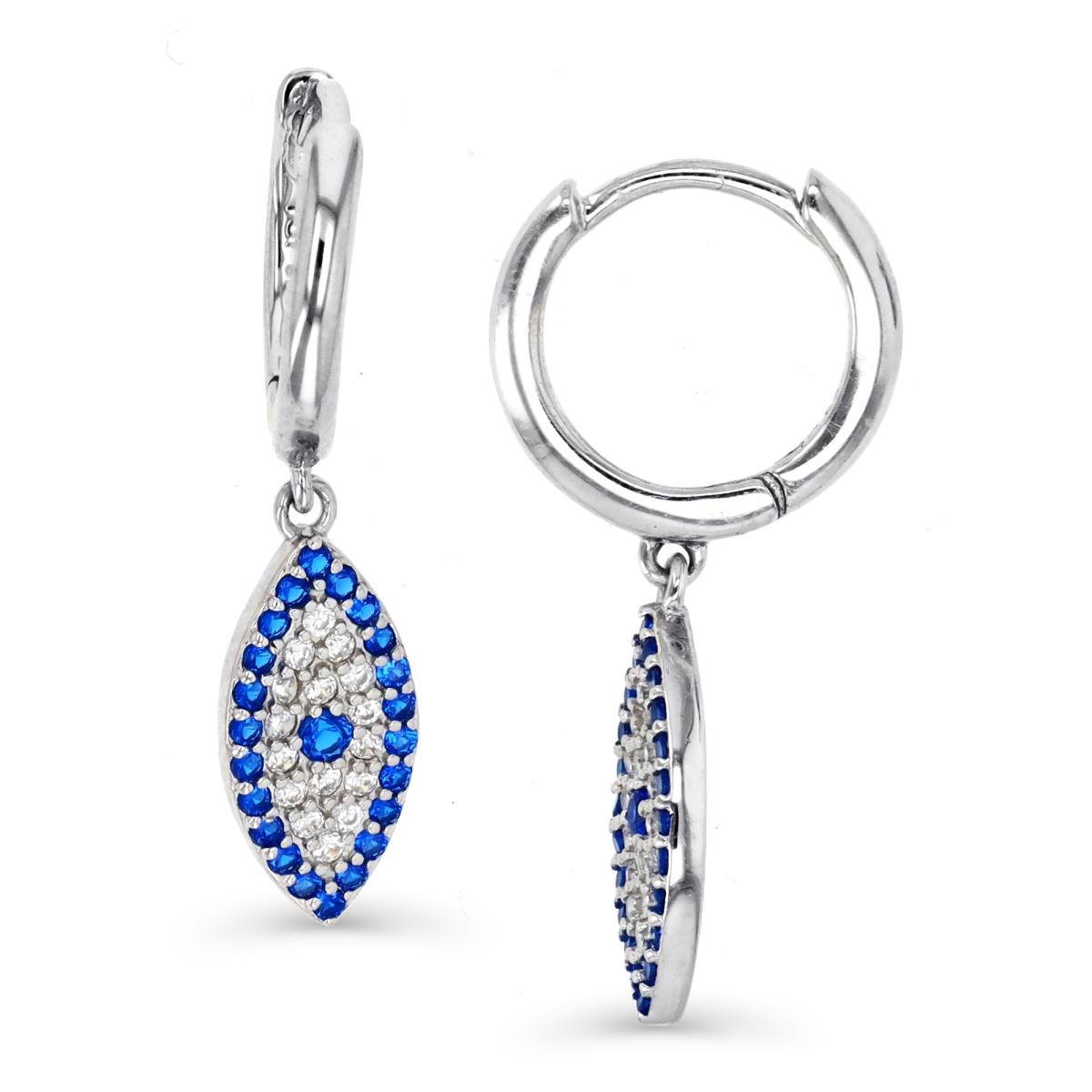 Sterling Silver Rhodium & #113 Blue and White CZ Evil Eye Dangling Huggie Earring