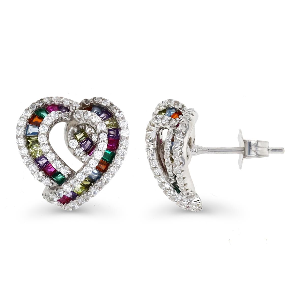 (DO NOT USE) Sterling Silver Rhodium 12X12MM Multi Color CZ RD/Tapered & Straight Baguette Heart Stud Earring