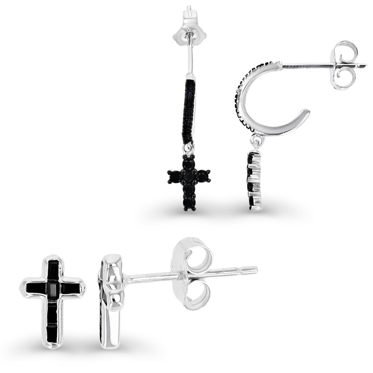Sterling Silver Black & Rhodium Bezel Straight Baguette Black Spinel Cross & Dangling Milgraine Cross  Black Spinel Cross Earring Set