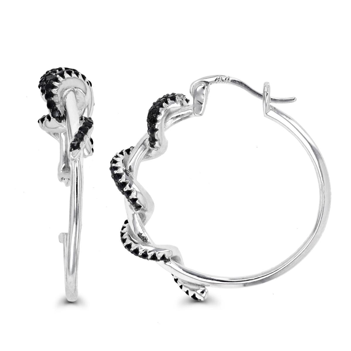 Sterling Silver Black & Rhodium 26X6MM Black Spinel &  Cr White Sapphire Twisted Snake Hoop Earring