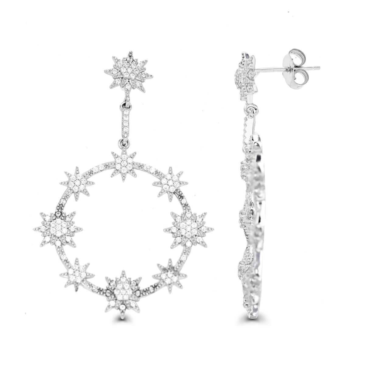 Sterling Silver Rhodium 50X32MM White CZ Snowflake Circle Dangling Earring