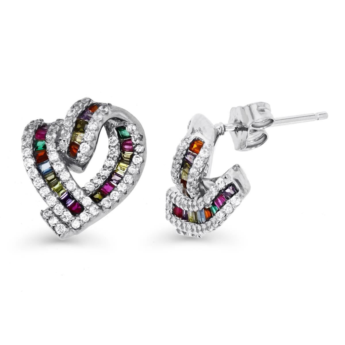 Sterling Silver Rhodium 14X12MM Straight & Tapered Baguette Multicolor Heart Shape Stud Earring