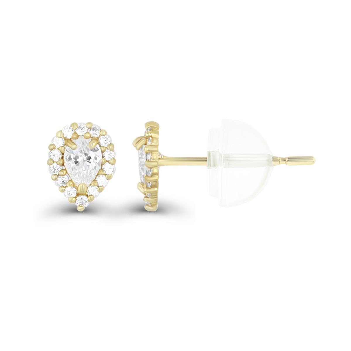 14K Yellow Gold Pave 3X2mm Pear Halo Stud Earring