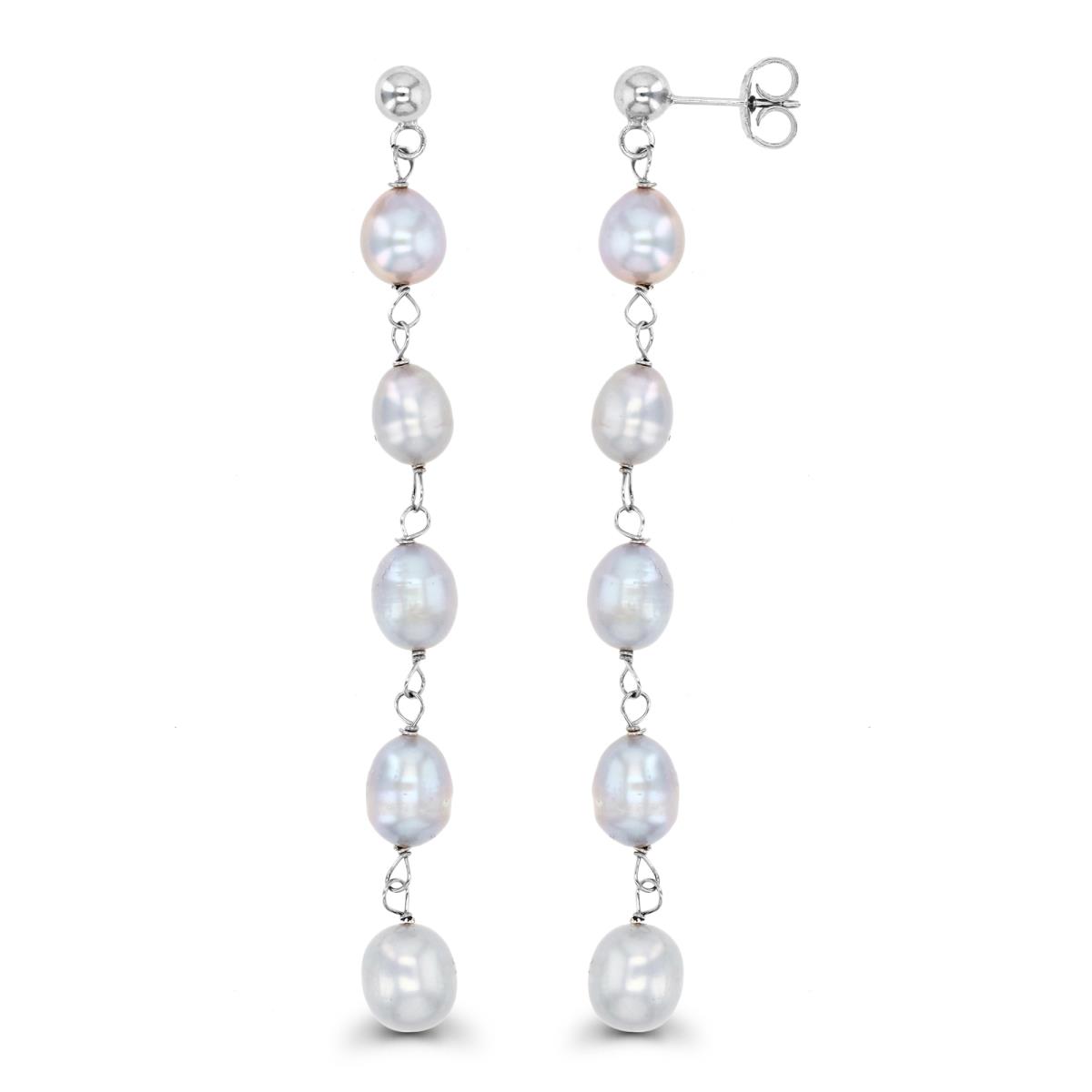 Sterling Silver Rhodium 85X7MM Gray Rice Pearls Dangling Earring