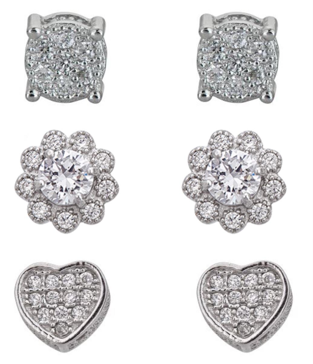 Sterling Silver Rhodium Pave Circle, Flower and Heart Stud Set 
