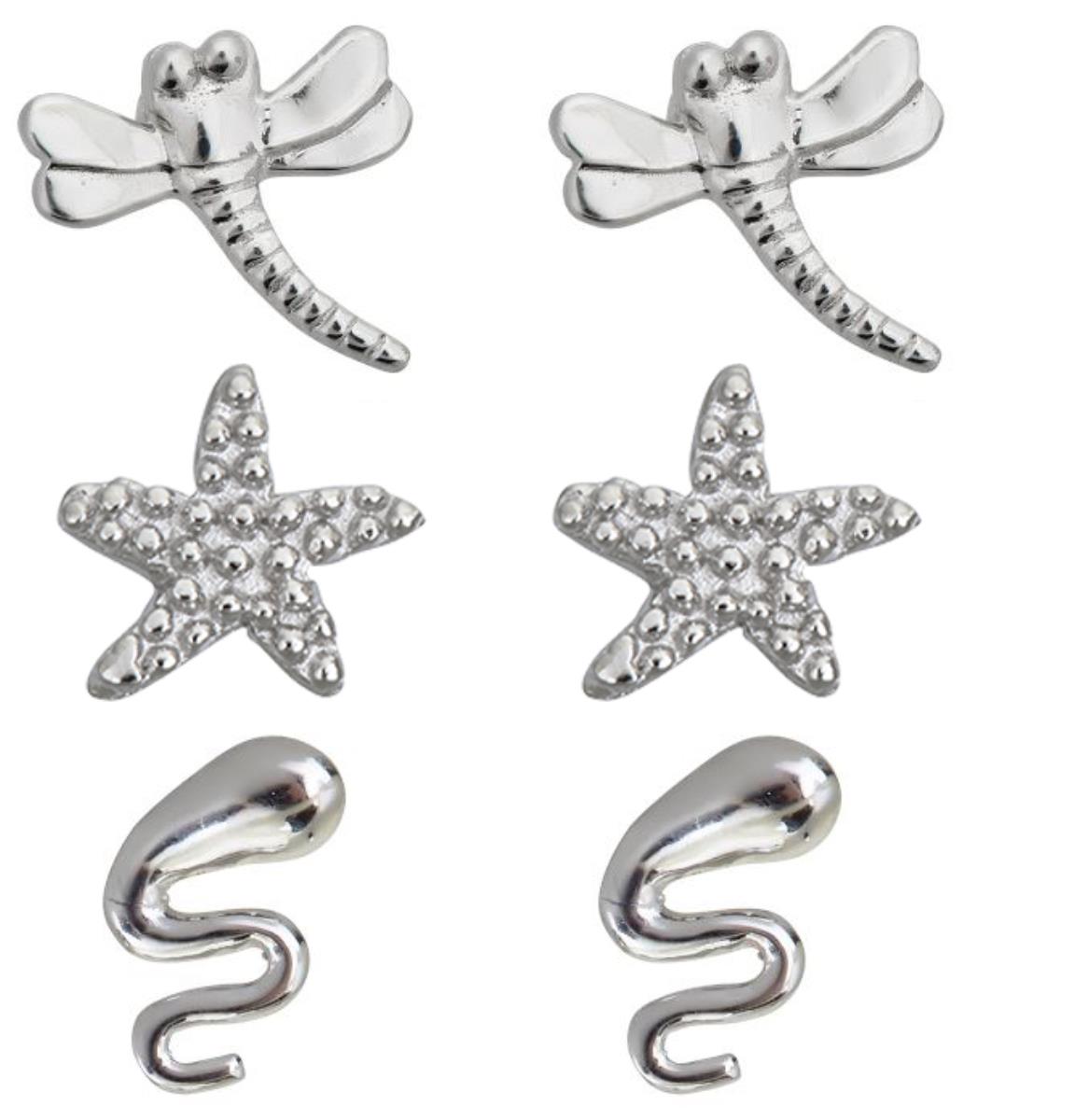 Sterling Silver Rhodium Polished Starfish, Snake and Dragonfly Stud Set