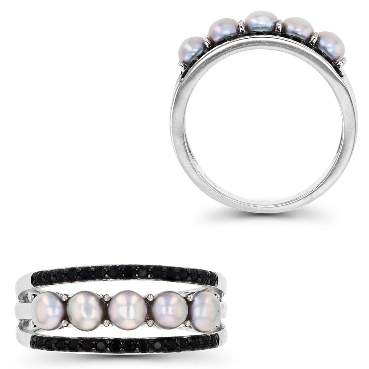Sterling Silver Rhodium 3.5-4MM Grey FWPearl & Black Spinel Triple Row Ring