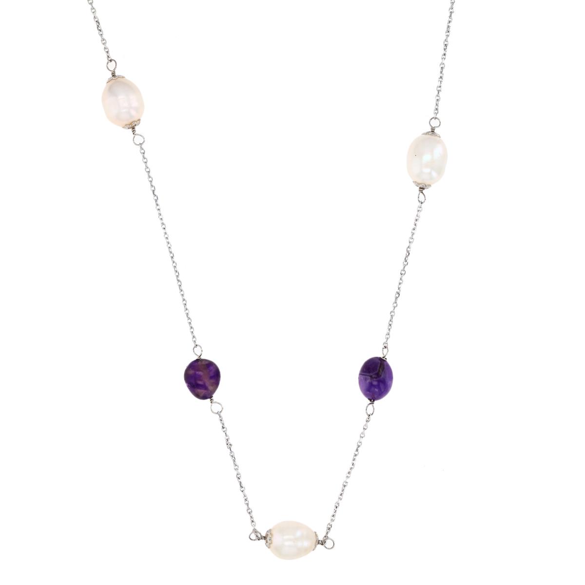Sterling Silver Rhodium & White Rice FW Pearl and Irregular Mixed Shape Amethyst 36" Station Necklace