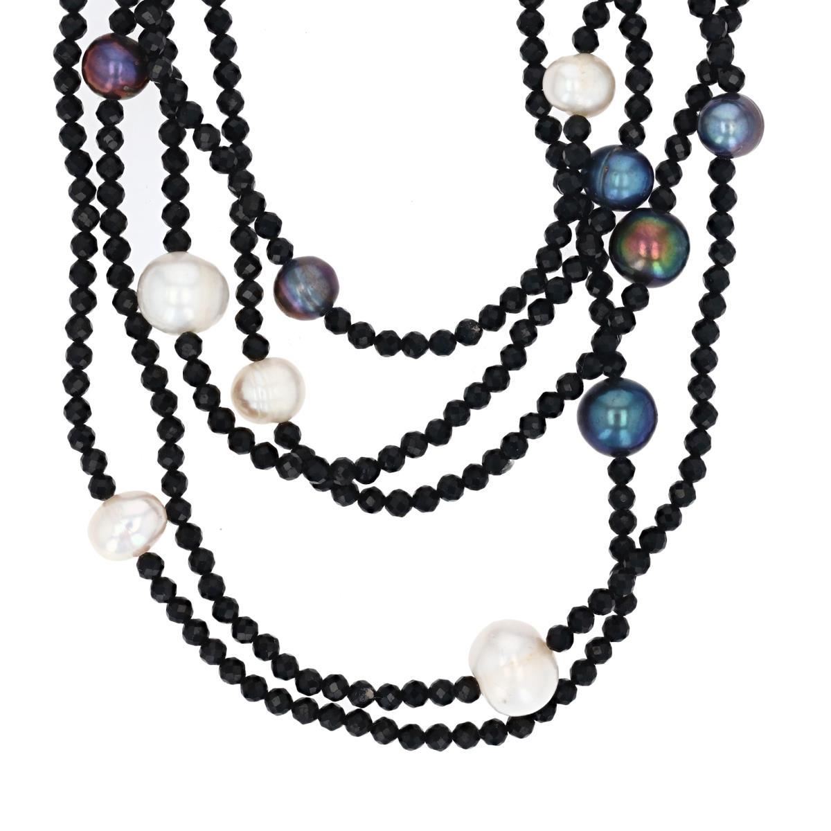 Sterling Silver Rhodium & Multicolor FW Pearl and Black Spinel Beaded Layered 18-22" Necklace