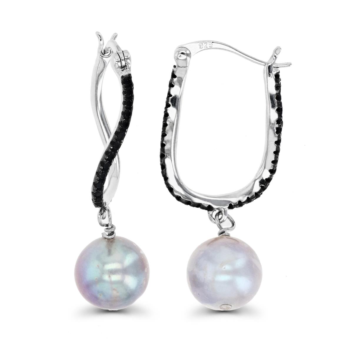 Sterling Silver Rhodium & Grey FW Pearl and Black Spinel Wave and Dangling Hoop Earring