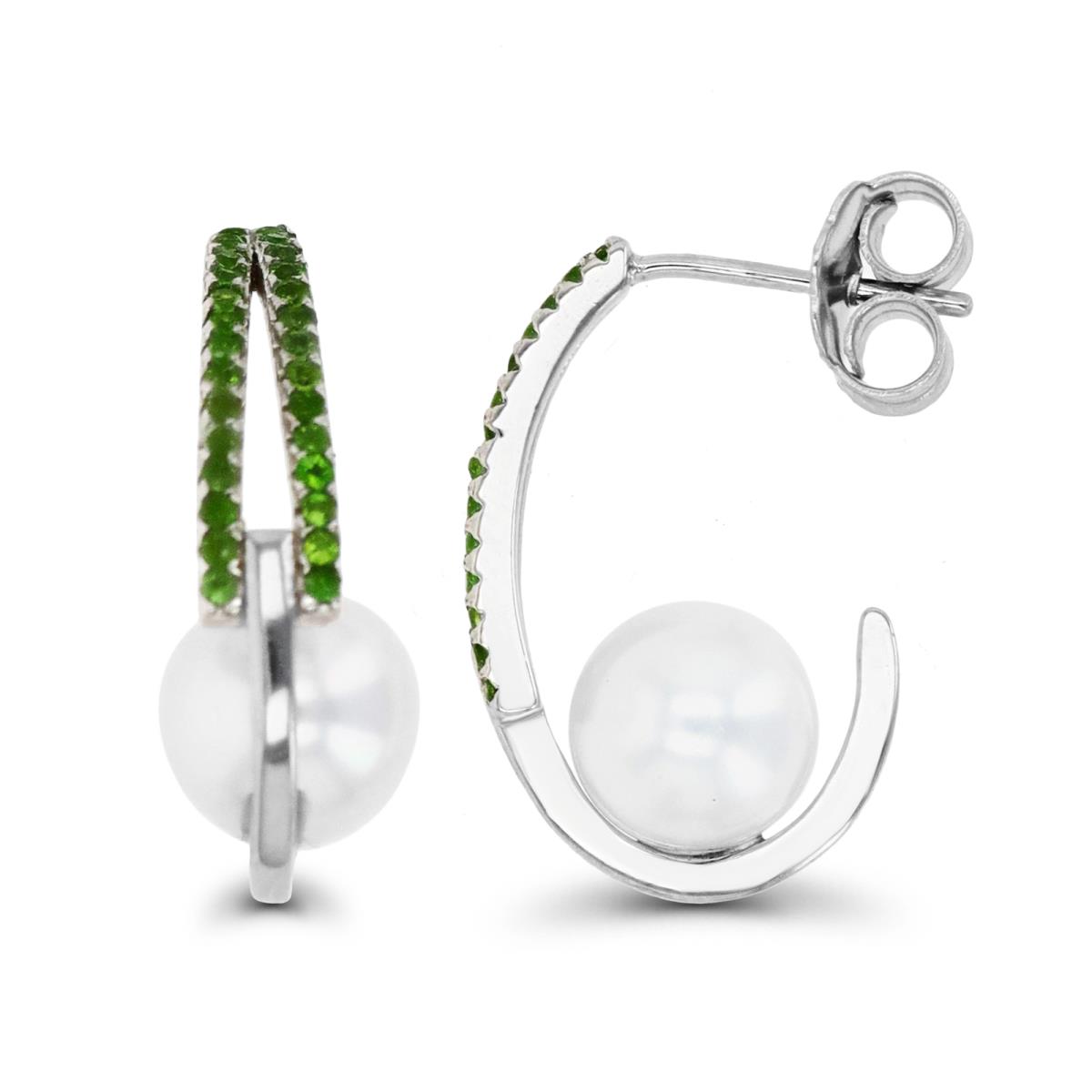 Sterling Silver Rhodium & 8-9MM White FW Pearl and Chrome Diopside J-Hoop Earring