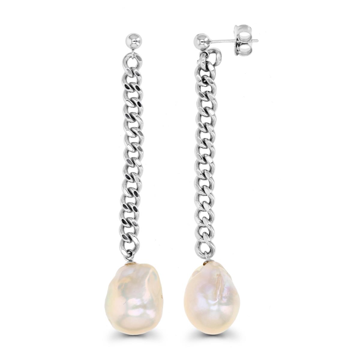 Sterling Silver Rhodium & 13-15MM White Baroque Pearl Cuban Link Dangling Earring