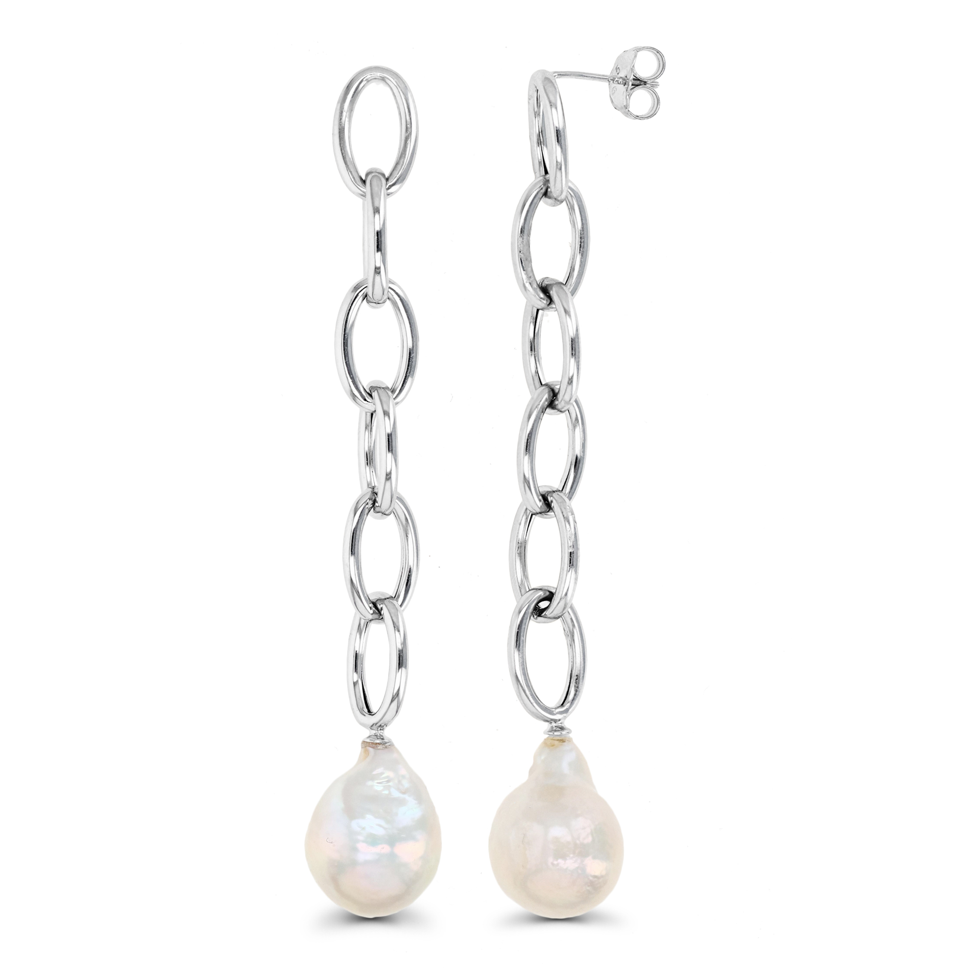 Sterling Silver Rhodium & 13-15MM White Baroque Pearl Large Oval Link Dangling Earring