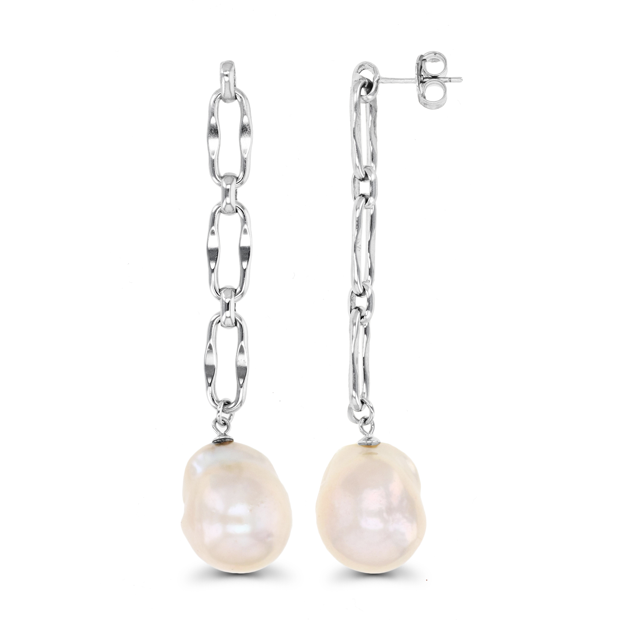 Sterling Silver Rhodium & 13-15MM White Baroque Pearl Link Dangling Earring