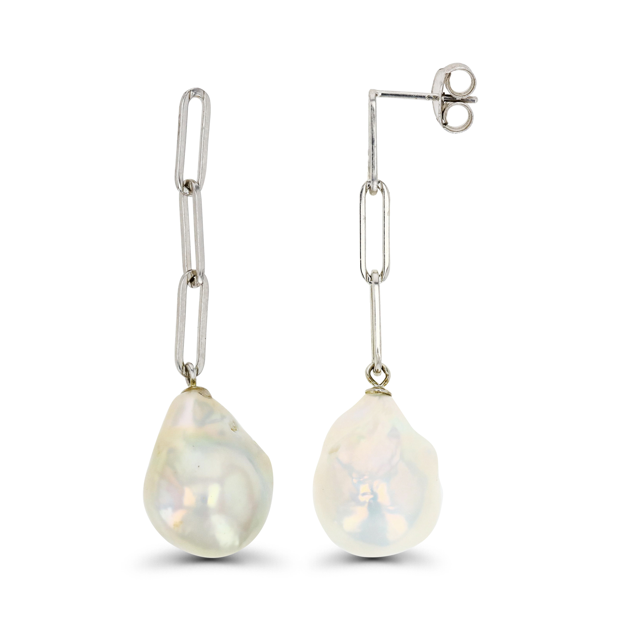 Sterling Silver Rhodium & 13-15MM White Baroque Pearl Paperclip Link Dangling Earring