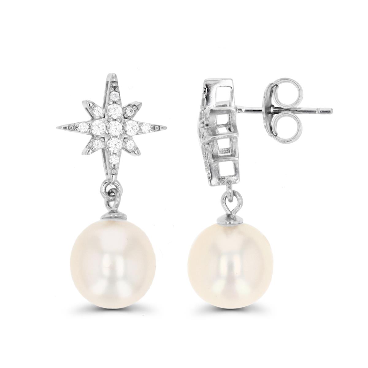 Sterling Silver Rhodium & White FW Pearl and White Zircon Starburst Dangling Stud Earring