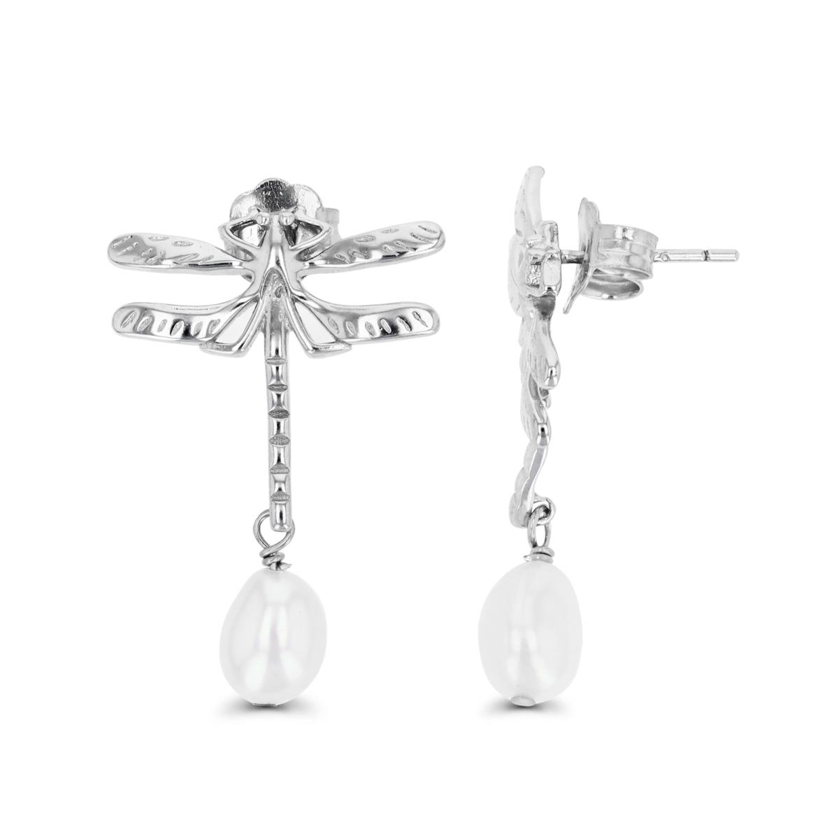 Sterling Silver Rhodium & White FW Peral Dragonfly Dangling Earring
