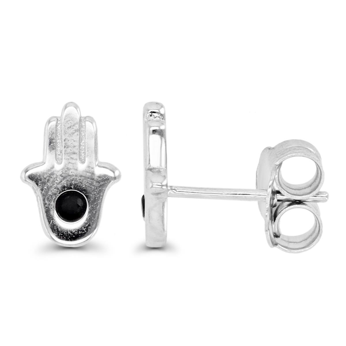Sterling Silver Rhodium & Black Spinel Polished Hamsa Stud Earring
