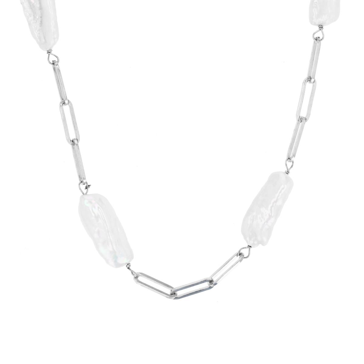 Sterling Silver Rhodium & (6-8)X(16-20)MM White Biwa Pearl Paperclip Chin 18+2" Necklace