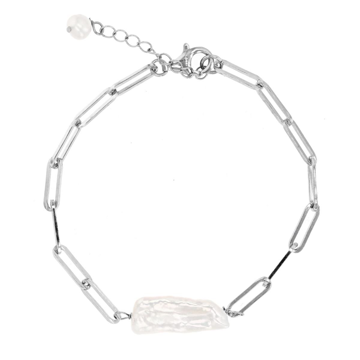 Sterling Silver Rhodium & (6-8)X(16-20)MM White Biwa Pearl Paperclip Chin 7+1" Bracelet
