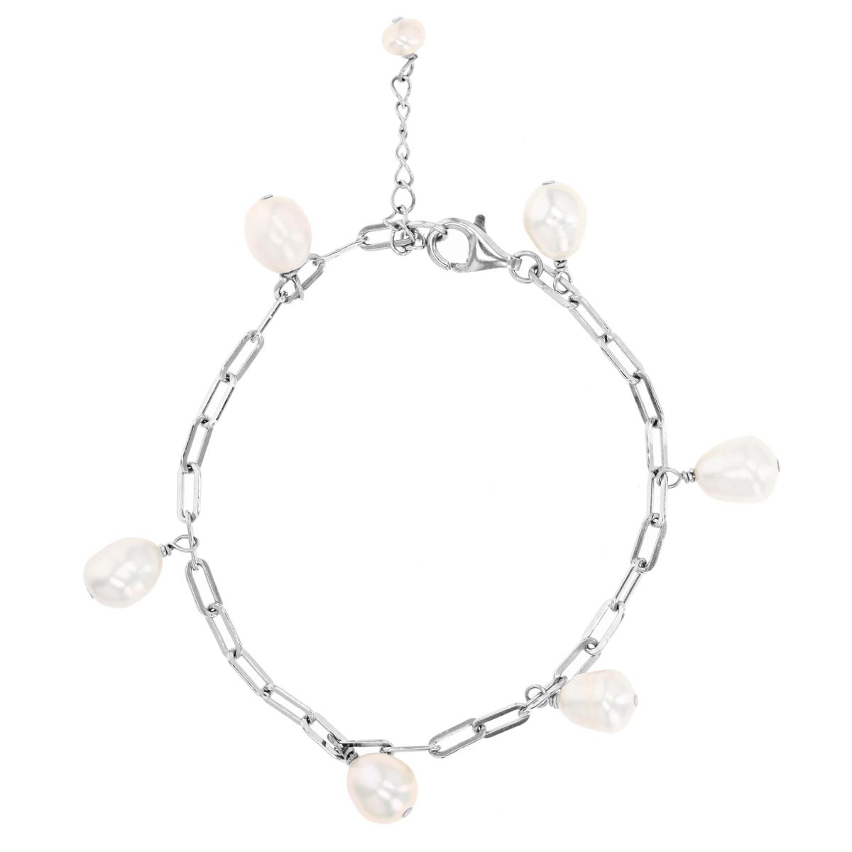 Sterling Silver Rhodium & 7.3-8.3MM Oval White FW Pearl 7+1" Charm Bracelet