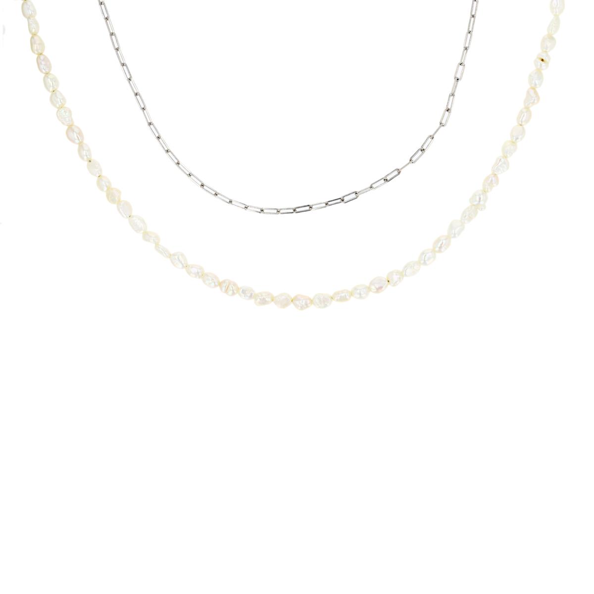 Sterling Silver Rhodium & White FW Baroque Pearl and Paperclip Chain Layered 18+2" Necklace