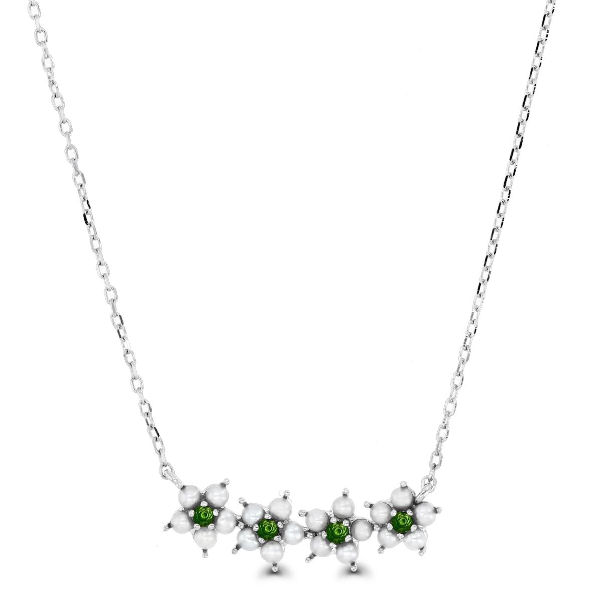 Sterling Silver Rhodium & 2-2.5MM FW Pearl and Chrome Diopside 4 Flower Line Pendant 18+2" Necklace