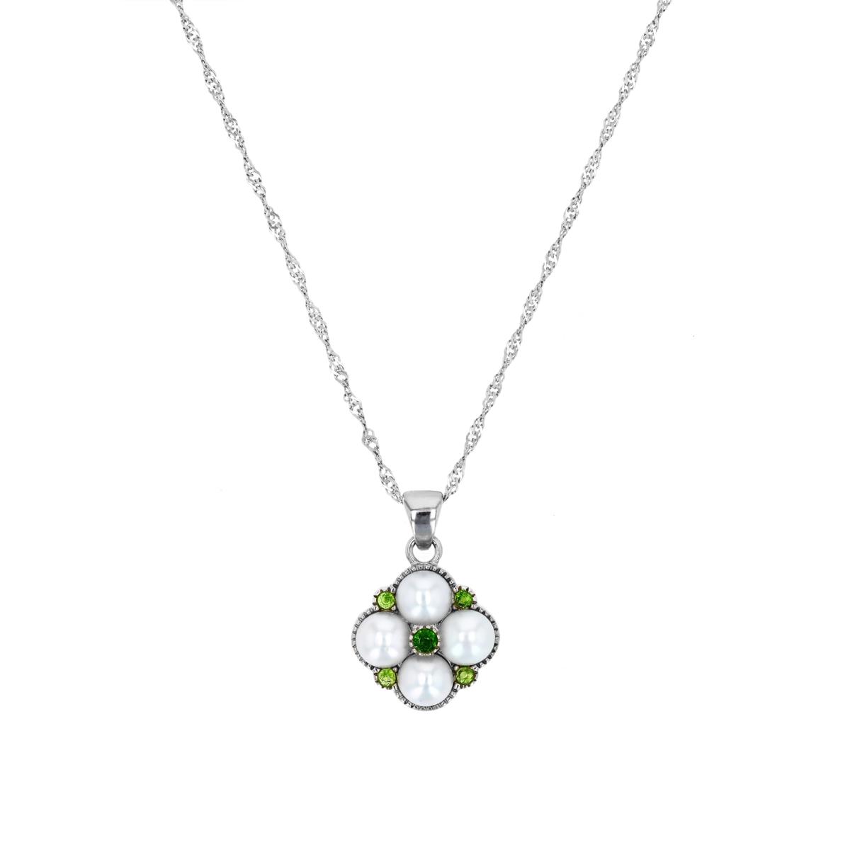 Sterling Silver Rhodium  Necklace 4-5MM FWPearl & Chrome Diopside Flower w/Singapore 18+2" Chain Necklace
