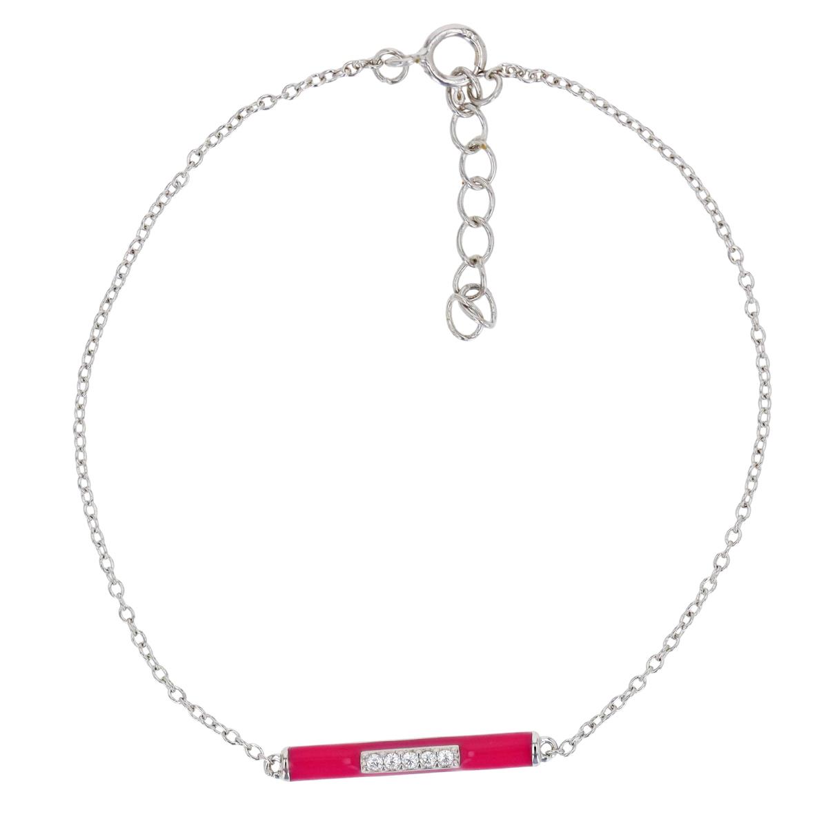 Sterling Silver Rhodium & White CZ and Pink Enamel Horizontal Bar 7+1" Bracelet