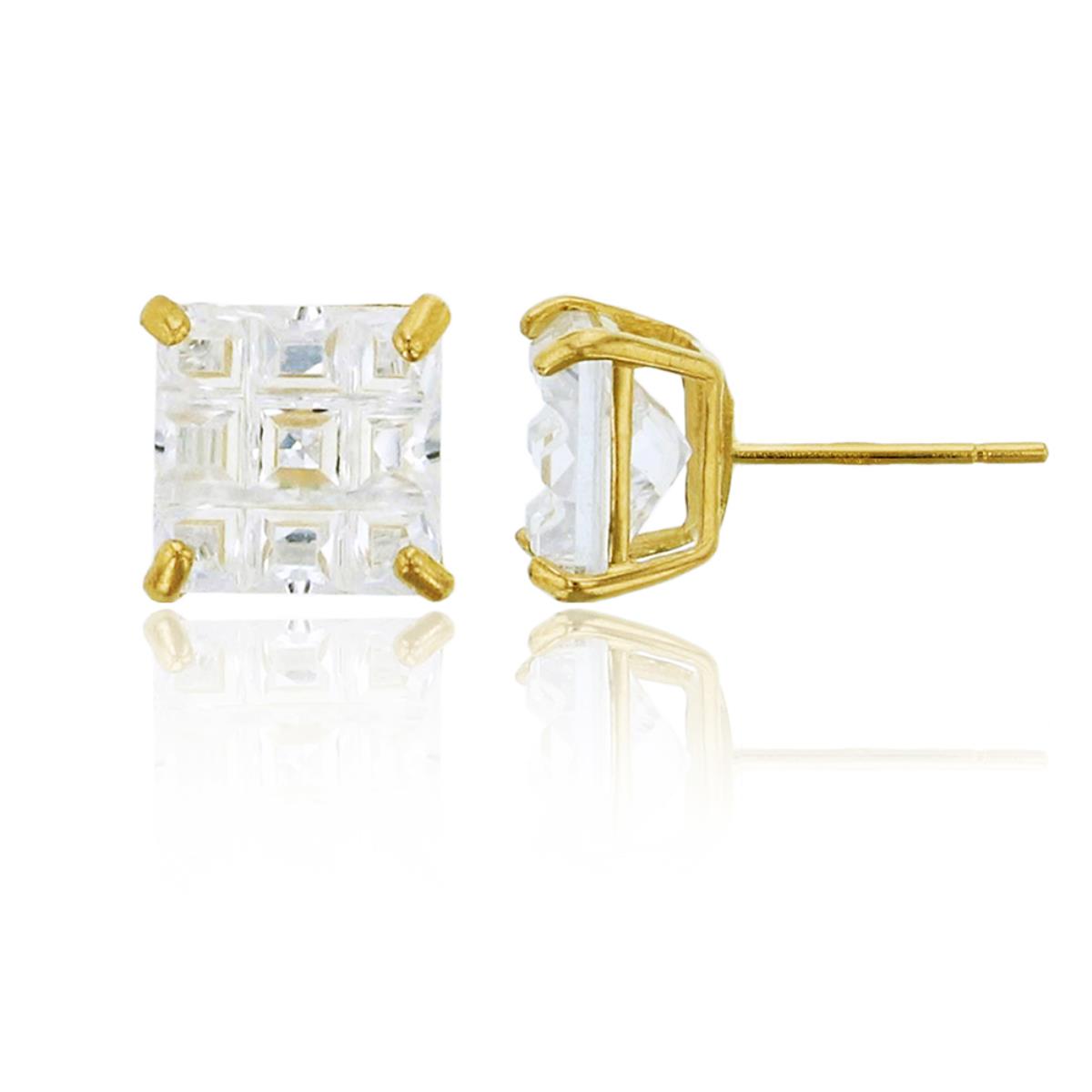 14K Yellow Gold 10mm 9-Segment Square CZ Basket Stud Earring