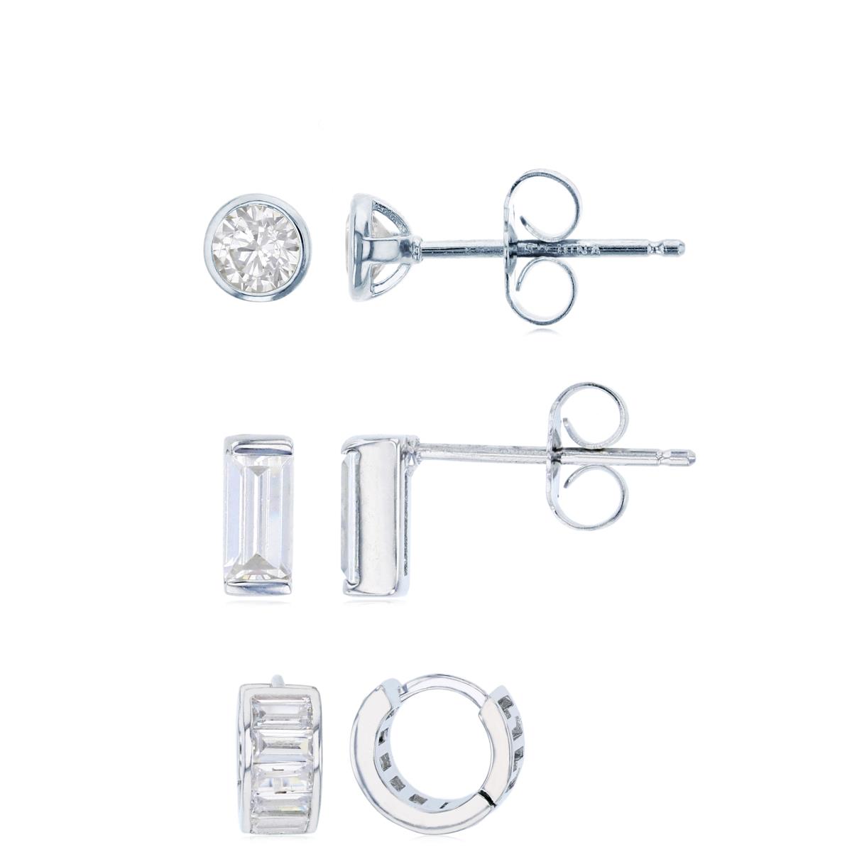 Sterling Silver Rhodium 7X3;10X5;4X4 White CZ Baguette Stud /Huggie & Rd CZ Bezel Solitaire Earring Set