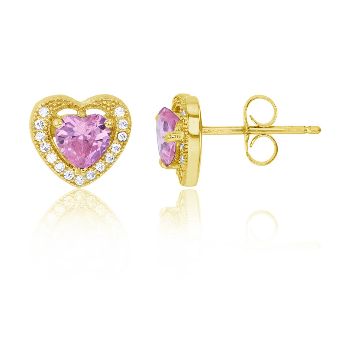 Sterling Silver Yelow 5mm Pink 9x9mm Heart & White CZ Halo Pave Stud Earring