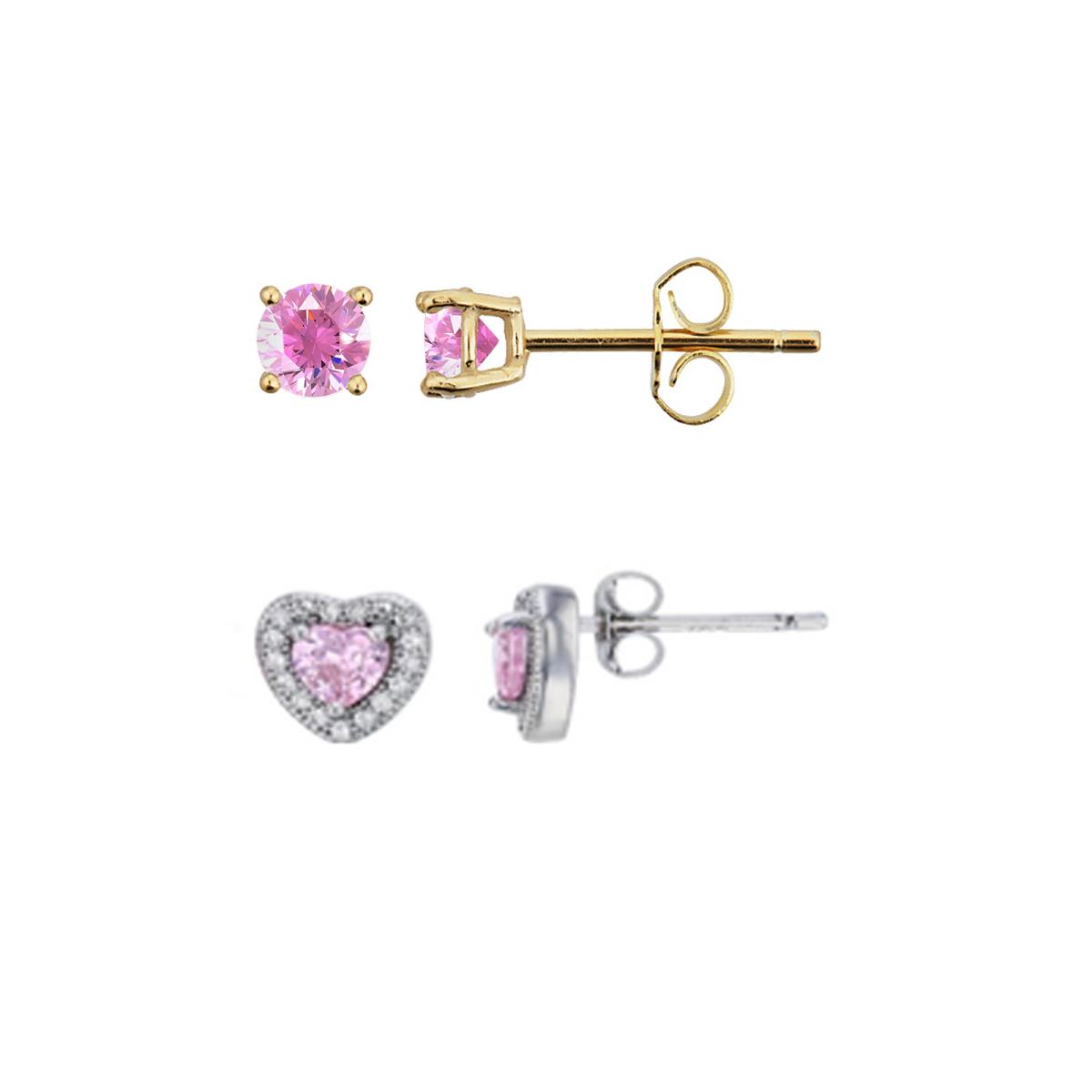 Sterling Silver Yellow 4MM;9X9MM Pink CZ Round Solitaire & Halo Heart Pink/White CZ Earring Set