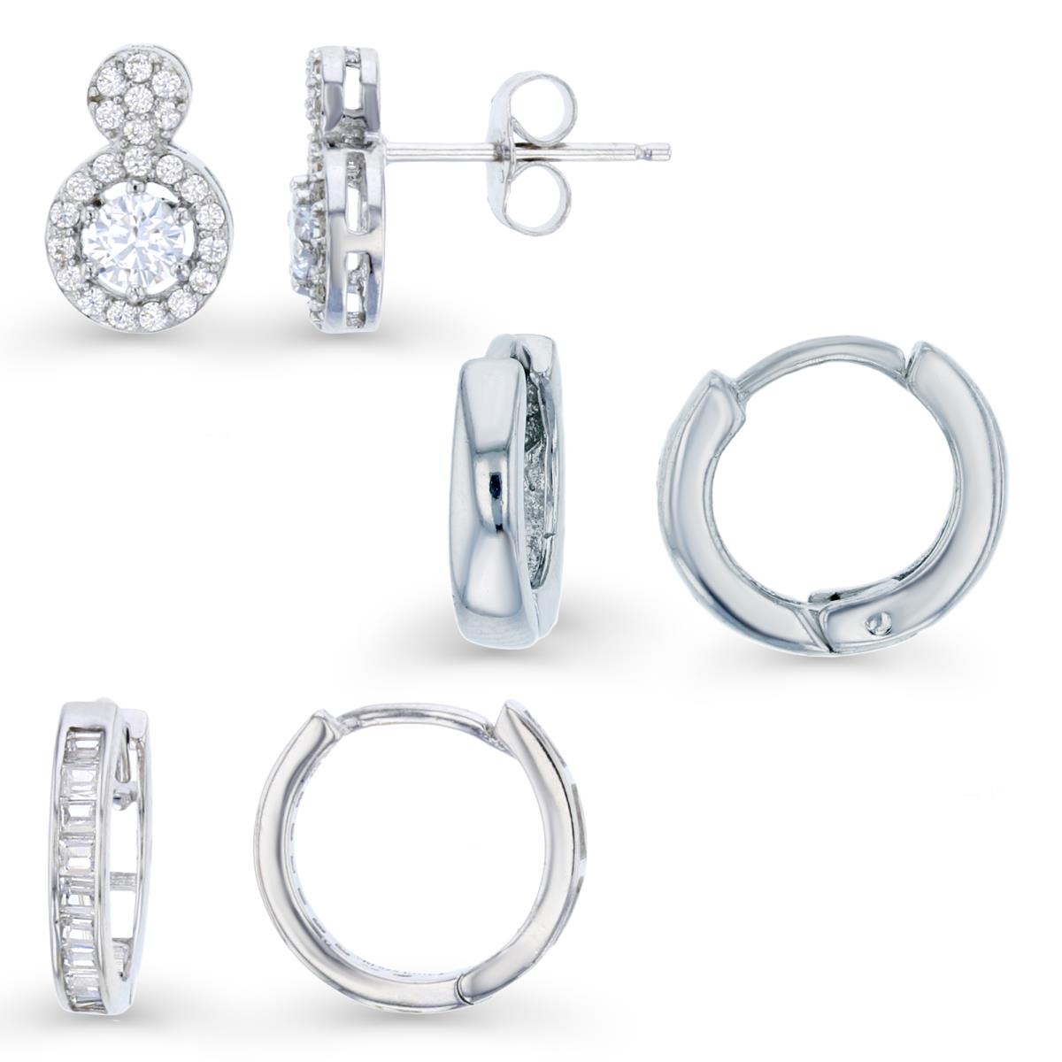 Sterling Silver Rhodium 11X2MM;2.5X12MM;12X7MM Polished Huggie/ Channel Set Bagguete Huggie & Round Cut Double Circle CZ Drop Earring  Set