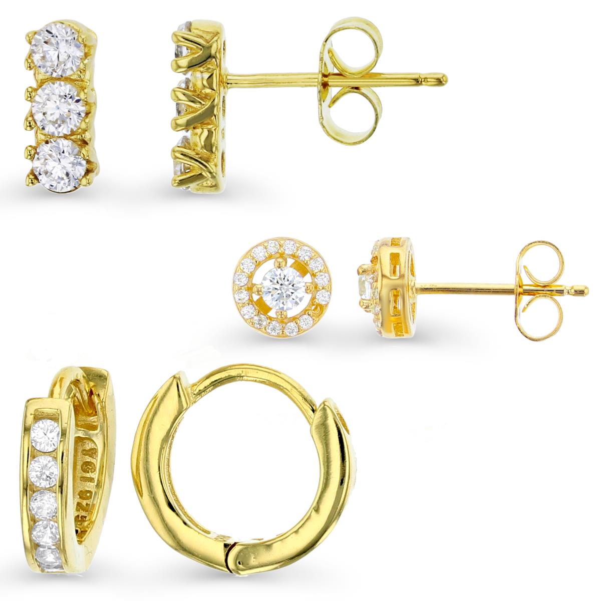 Sterling Silver Yellow 10X4;2.50X12MM;7MMX7MM 3-Stone Rd Cut Stud/ Channel Set Huggie &  Halo Solitaire Stud Earring Set
