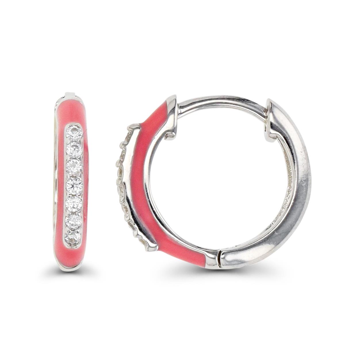 Sterling Silver Rhodium & White CZ and Pink Enamel Small Huggie Earring