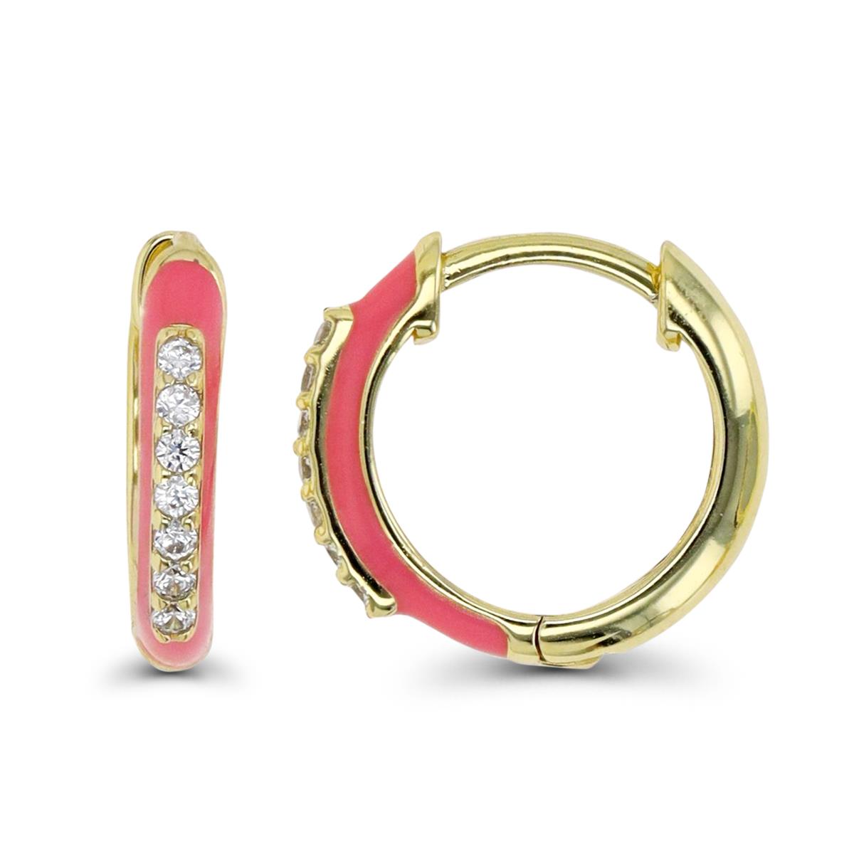 Sterling Silver Yellow 1M & White CZ and Pink Enamel Small Huggie Earring