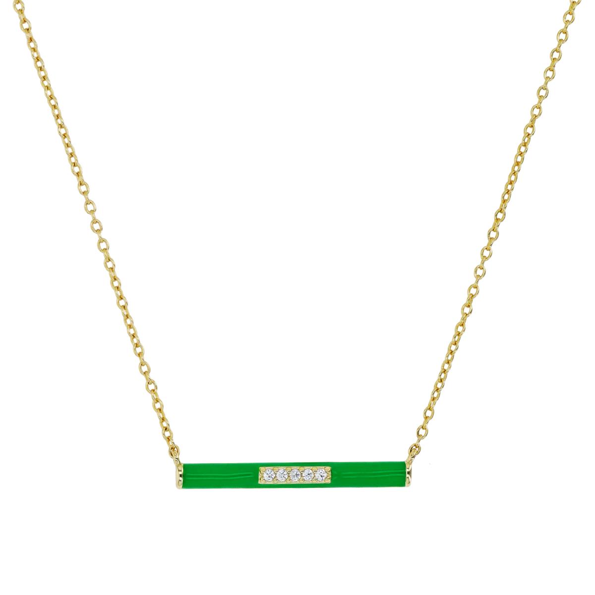 Sterling Silver 1M Yellow & White CZ and Green Enamel Horizontal Bar 16+2" Necklace