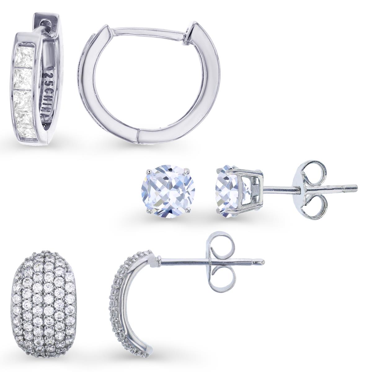 Sterling Silver Rhodium 12X7;5MM;3X14MM  Micropave CZ Curl Stud/ Round Solitaire & Channel Princess Cut Huggie Earring Set