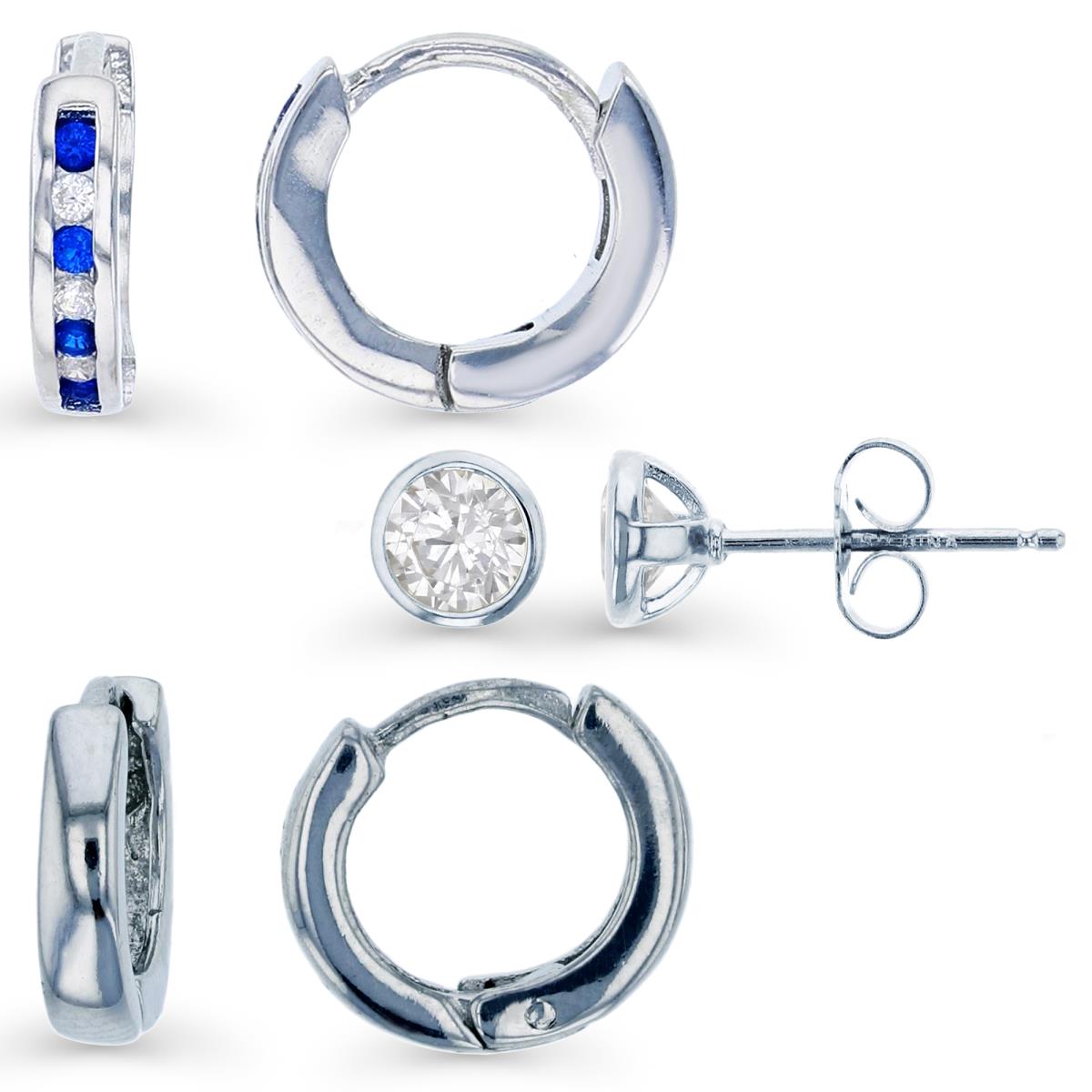 Sterling Silver Rhodium 6X6;11X2MM;10X2 Polished Huggie/ Rnd Cut CZ Bezel Solitaire Stud & 1-Row Channel Set Sapphire Earring Set